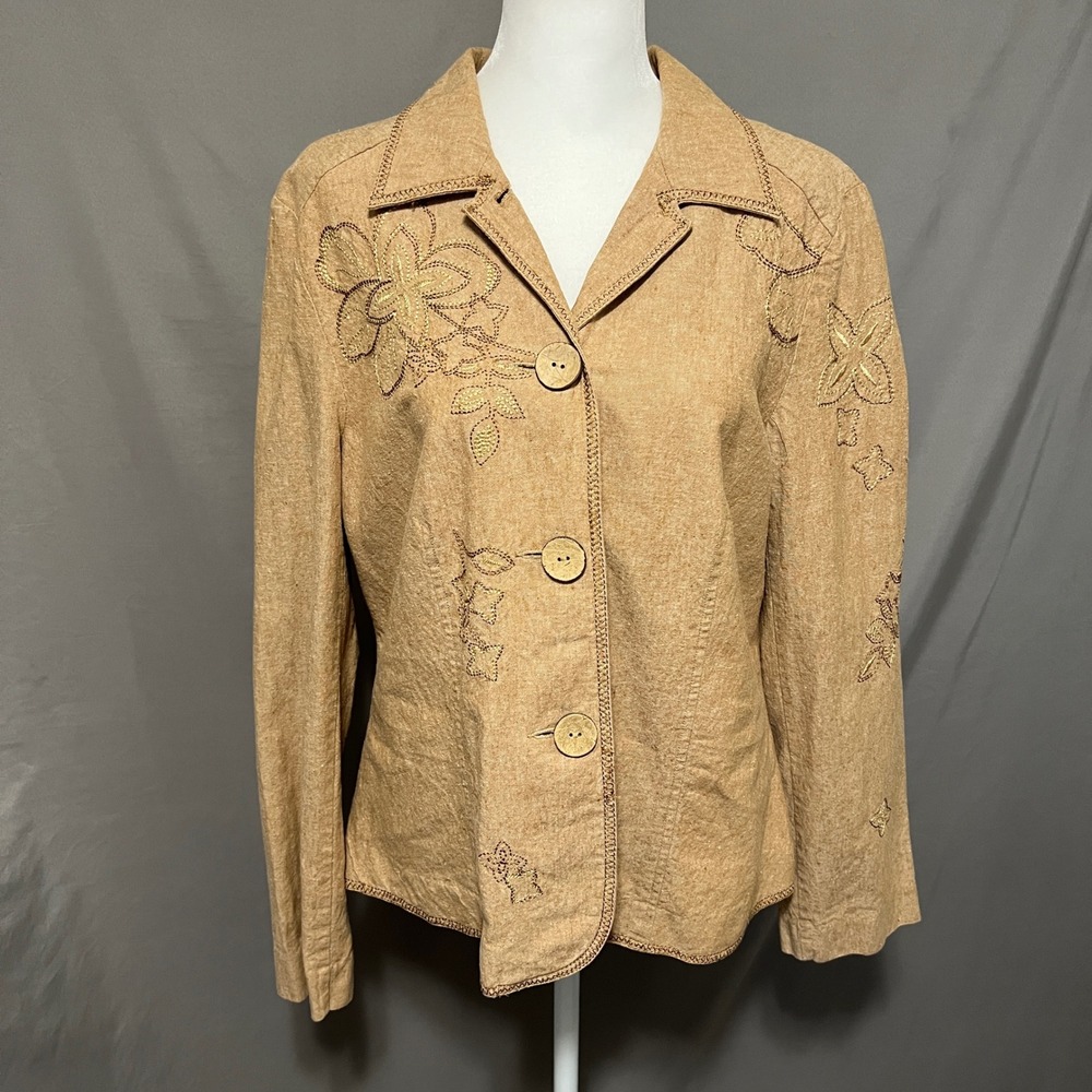Requirements Tan Linen Blend Floral Embroidered Button Front Jacket Size L